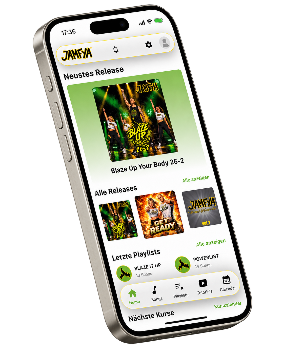 Die offizielle JAMFYA App auf einem iPhone mit Releases, Playlists und Kurskalender